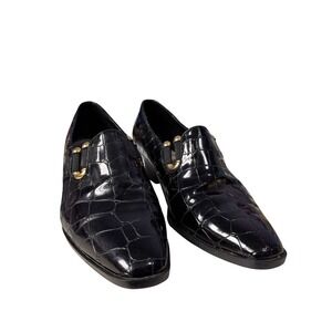 Jessica Womens Black Croc Embossed Patent Pumps Gold Hardware Block Heel Size 8